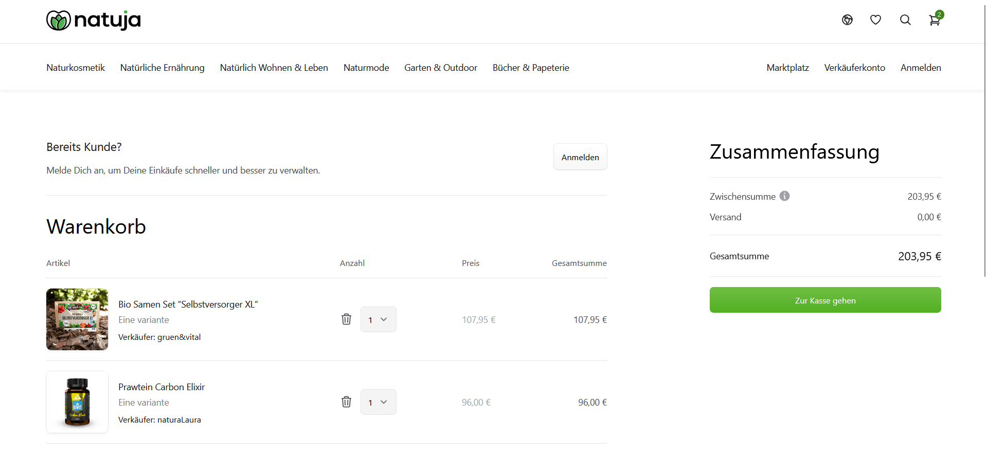 Natuja's website cart