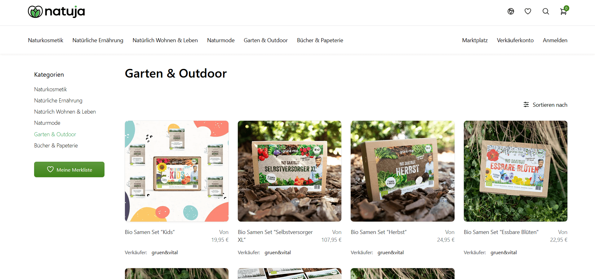 Natuja's website product catalog